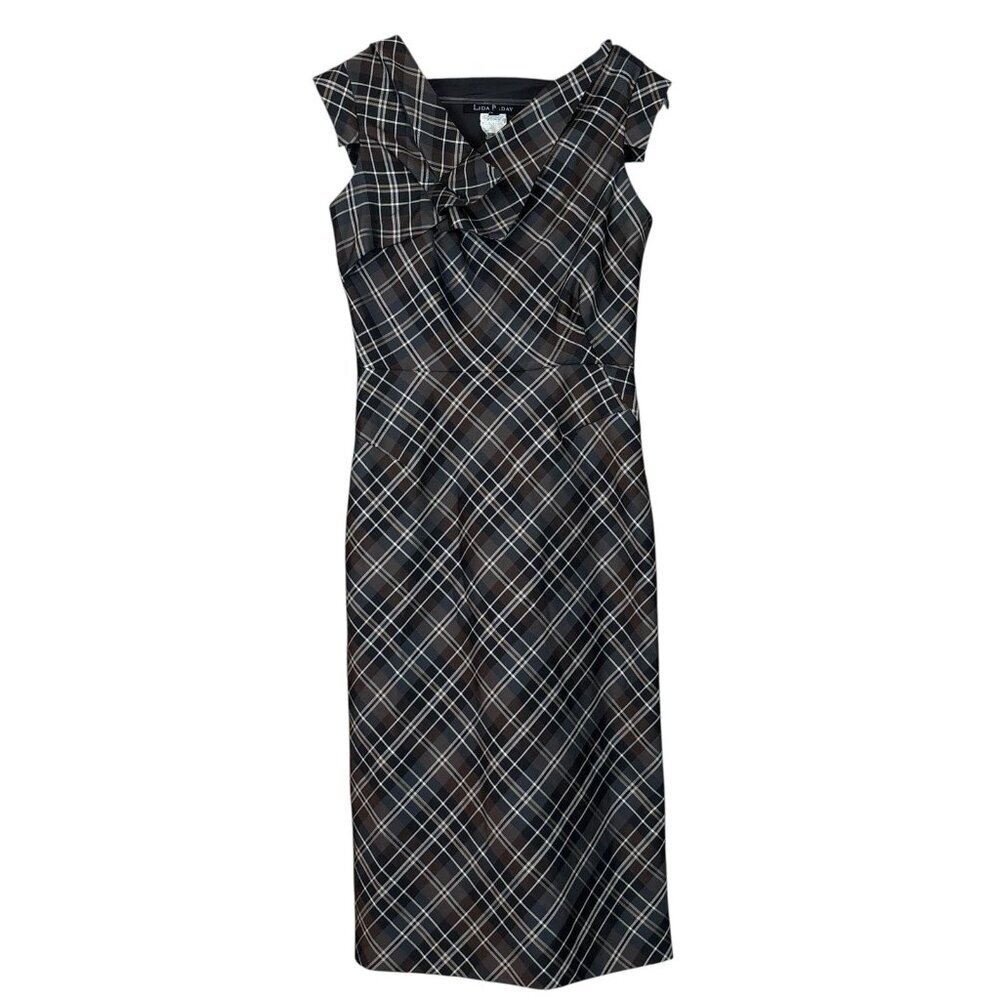 Lida Baday Plaid Asymmetric Pleated Midi Cocktail Dress Brown Black Tan Size 4